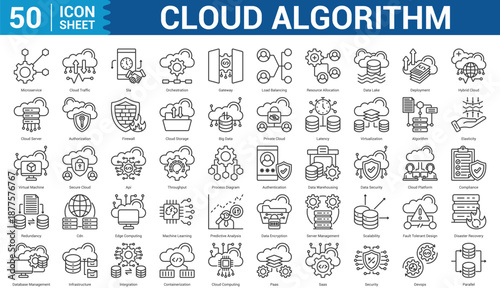 Cloud Algorithm outline style icon set collection concept microservice, cloud traffic, gateway, load balancing, resource allocation, data lake, deployment, hybrid cloud, and more. Illustration e
