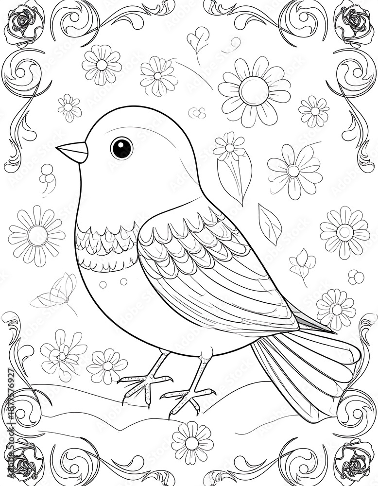 Fototapeta premium Line art illustration of a cute bird surrounded by flowers