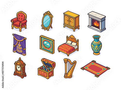 Royal Interior Icons. Royal interiors. Colorful isometric vector icons set of royal interiors: velvet armchair, ornate mirror, gilded cabinet, marble