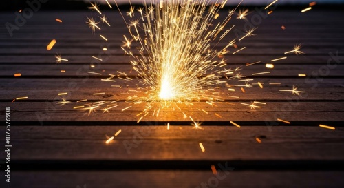 Close-up of glowing sparks erupting from wooden planks, illuminating the surface
