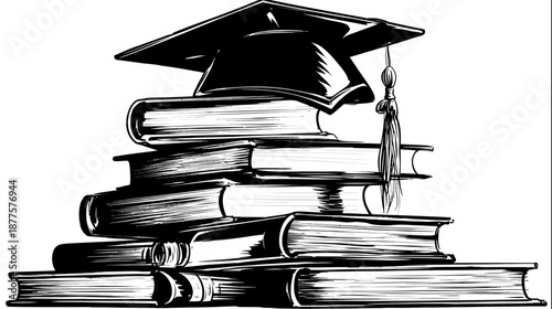 A stack of books, monochrome, topped by a mortarboard with a tassel, symbolizes higher education