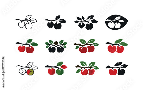 Apple Tree Icons. Apple tree. Icon set. Set Logo of apple tree: apple-bearing branch. harmonious logo variations of the same emblematic concept, each with