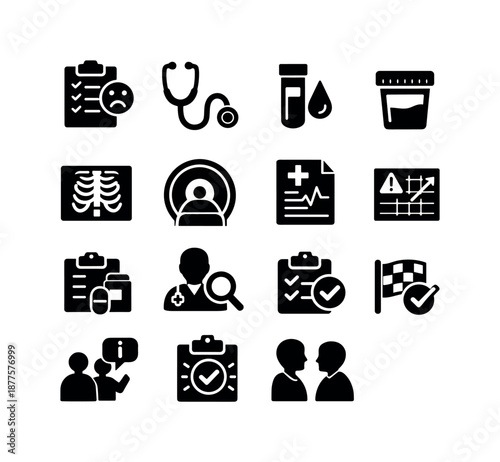 Medical Diagnostics Icons. Medical diagnostics timeline. Solid icon set of medical diagnostics timeline: symptoms log, stethoscope exam, blood test icon, urine