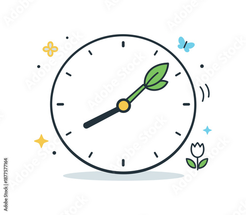 Springtime Renewal Clock. Symbolic Visuals: Clock Pointing to Spring. Simple round clock with the hand aligned to a blooming leaf instead of numbers. Soft