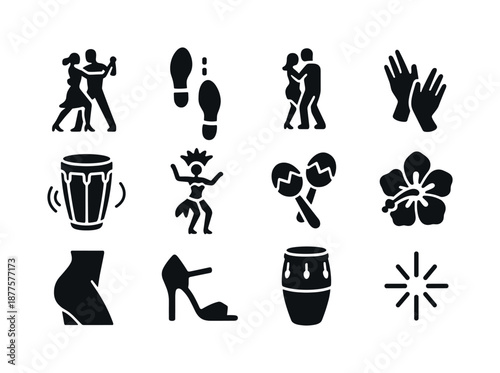 Latin Dance Icons. Latin dance. Solid icon set of Latin dance: salsa couple, cha-cha steps, bachata silhouette, rumba hands, merengue rhythm, samba dancer,
