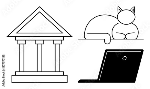 Banking, remote work, digital technology, relaxation, pets, minimalism. Line art with a classical bank building, a sleeping cat and a laptop. Banking and remote work simply
