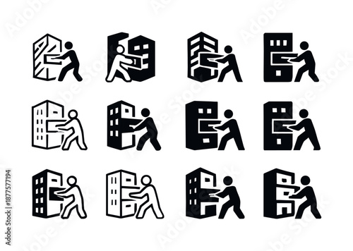 Dynamic Drawer Logo. building opening a jammed drawer. Icon set. Set Logo of building opening a jammed drawer: person tugging a drawer with force. harmonious