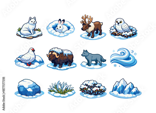 Tundra Wildlife Icons. Snowy tundra wildlife. Colorful isometric vector icons set of snowy tundra wildlife: arctic fox on tundra, snow hare in dip, caribou on