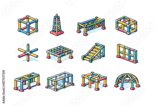 Colorful Isometric Framework Icons. Open Framework. Colorful isometric vector icons set of Open Framework: steel frame cube, open lattice tower, framework