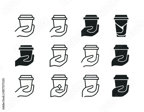 Latte Logo Variations. Latte in hand. Icon set. Set Logo of latte in hand: takeaway latte cup. harmonious logo variations of the same emblematic concept, each