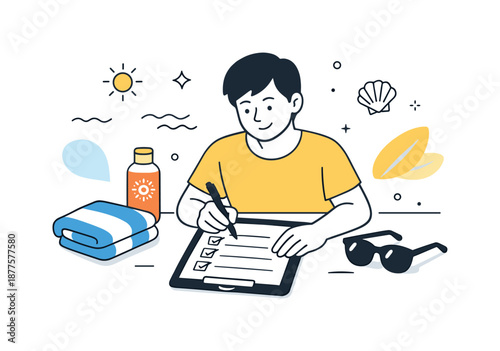 Beach Trip Planning. Beach planning elements. A person calmly organizing a beach trip with a checklist, sunscreen, towel, and sunglasses laid out nearby.