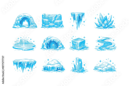 Colorful Ice Cave Icons. Ice caves. Colorful flat vector icons set of ice caves: icy archway, blue ice wall, frozen stalactite, frost crystals, slippery ice