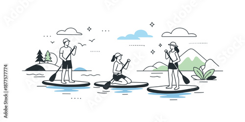 Paddleboarding Bliss. Group paddleboarding nature escape. Paddleboarders gliding across open water with abstract nature elements nearby. Sense of freedom,