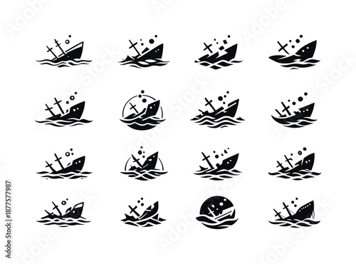 Sunken Ship Logo Collection. sunken ships. Icon set. Set Logo of sunken ships: shipwreck silhouette. harmonious logo variations of the same emblematic concept,