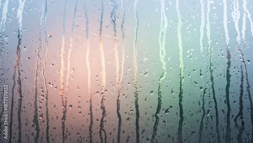 Abstract background of water droplets and streaks on wet window glass, with a blurred colorful light gradient creating a serene atmospheric texture.