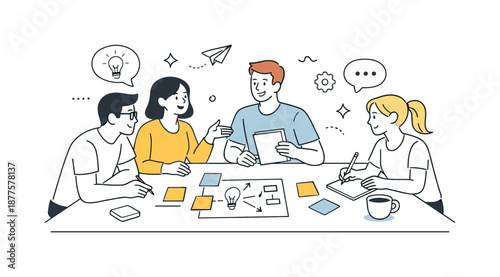 Collaborative Creative Session. Brainstorming session collaboration. Team members gathered around a table sharing ideas with sticky notes and sketches, open