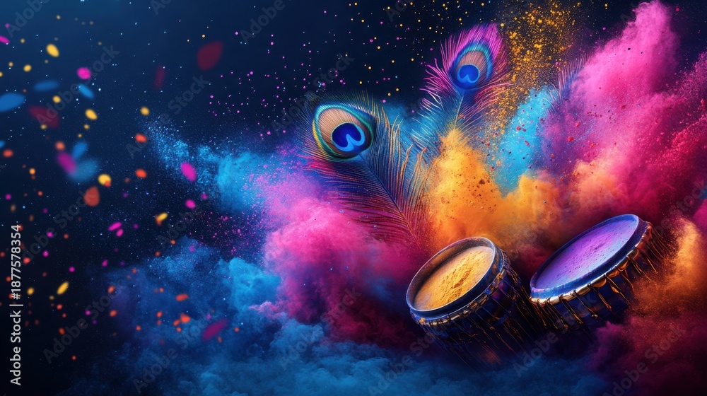 Fototapeta premium Colorful Holi powder in bowls with a vibrant splash, celebrating the Indian Holika Dahan festival, festive banner style with copy space.
