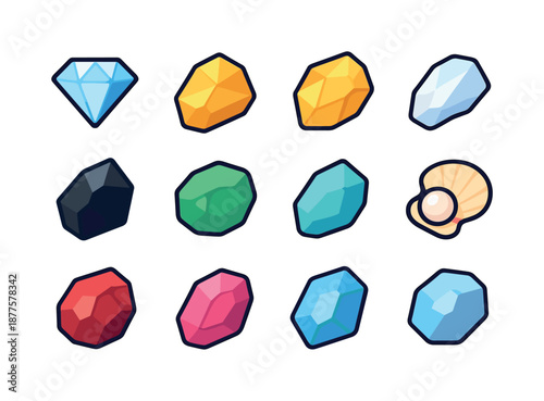 Colorful Gem Icons. Gem pieces. Colorful isometric vector icons set of gem pieces: diamond shard, topaz chip, citrine fragment, opal sliver, onyx shard, jade