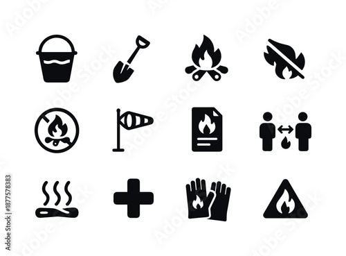 Outdoor Fire Safety Icons. Fire safety outdoors. Solid icon set of fire safety outdoors: water bucket, shovel tool, fire ring icon, extinguish flame, no fuel