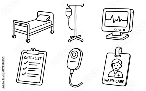 Medical symbols in hand-drawn doodle style for health and hospital themes
