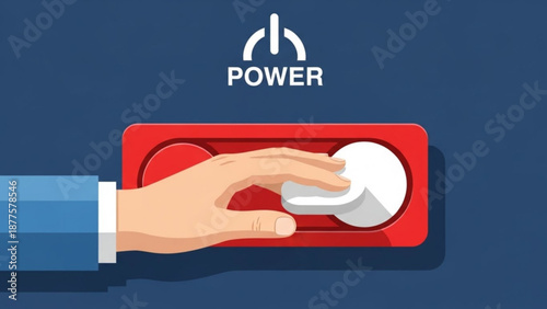Hand Turning Red Switch to Activate Power Button on Dark Blue Background