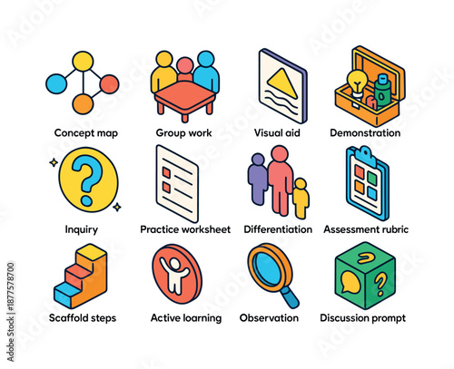 Teaching Icons Set. Teaching strategies. Colorful isometric vector icons set of teaching strategies: concept map, group work symbol, visual aid card (no text),