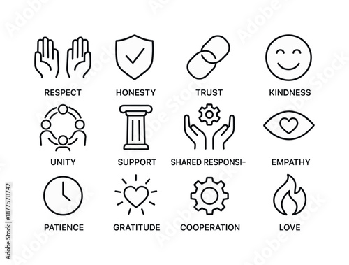 Family Values Icons. Building a family puzzle. Line icon set of family values: respect hands, honesty badge, trust link, kindness smile, unity circle, support