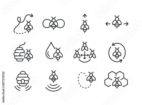 Bee Communication Icons. How bees make honey. Line icon set of bee communication: waggle dance path, figure-eight dance, direction arrow, distance symbol, hive