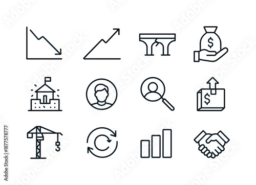 Post-Recession Economy Icons. Post-Recession Economy. Line icon set of Post-Recession Economy: broken chart, recovery arrow, repaired bridge, support fund,