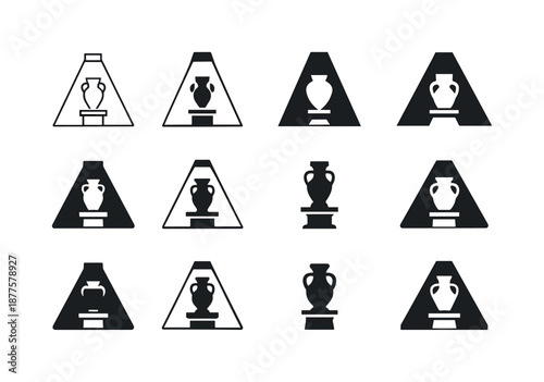 Exhibition Icon Set. Exhibitions and learning experiences. Icon set. Set Logo of exhibitions and learning experiences: artifact spotlight display. harmonious