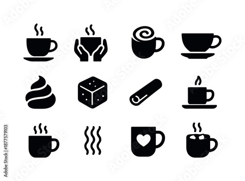 Cozy Beverage Icons. Hot beverage moments. Solid icon set of hot beverage moments: steaming cup, hands holding mug, cocoa swirl, tea cup, whipped cream,