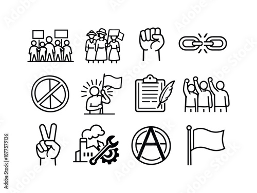 Historical Movement Icons. Historical Movements. Line icon set of Historical Movements: civil rights march, suffrage movement, labor union fist, abolition