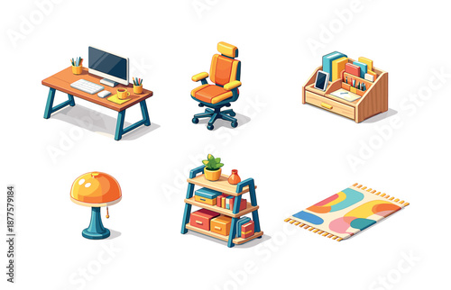 Bold Furniture Icons. Workspace Statement. Isometric flat vector icons set of Creating a Focal Point with Bold Furniture Pieces: large desk, ergonomic bold