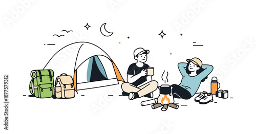 Peaceful Camping Escape. Minimal camping lifestyle. A calm outdoor scene with a tent, backpacks, and relaxed campers. Simple adventure and mindful travel