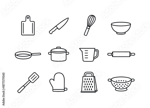 Kitchen Icon Set. Food prep. Line icon set of Food prep: cutting board, knife, whisk, mixing bowl, pan, pot, measuring cup, rolling pin, spatula, oven mitt,