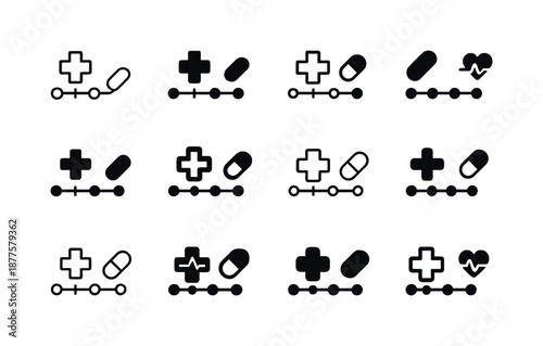 Medical Icon Timeline. Timeline of medical treatment. Icon set. Set Logo of timeline of medical treatment: sequential medical chart. harmonious logo variations