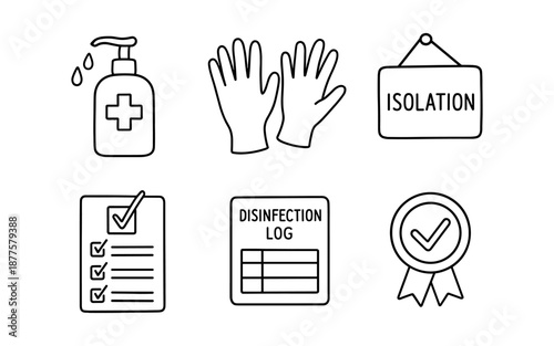 Linear hygiene icons: sanitizer, gloves, isolation sign, checklist, certificate