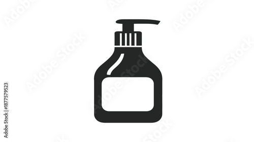 A monochrome silhouette of a pump bottle with a rectangular label, on a white background