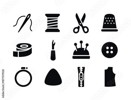Sewing Icon Set. Hands-on job. Solid icon set of textile and sewing tools: sewing needle, thread spool, fabric scissors, thimble, measuring tape, seam ripper,