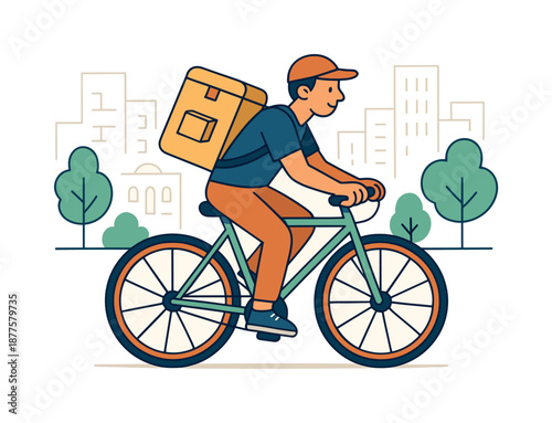 Cycling Courier Delivery. Delivery service. Courier riding a bicycle through city streets, carrying a small package in a backpack. Calm urban movement,