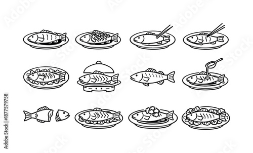 Chinese Fish Icons. Chinese Steamed Fish. Line icon set of Chinese Steamed Fish: whole fish soy sauce, ginger scallion fish, oval plate fish, chopsticks