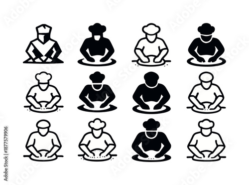 Baker Icon Logos. A baker kneading dough by hand on a flour-covered surface. Icon set. Set Logo of a baker kneading dough by hand on a flour-covered surface: