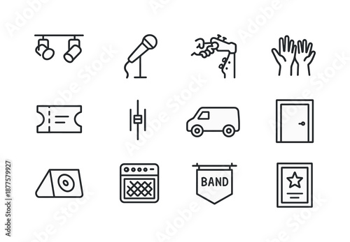 Indie Concert Icons. Indie concert scenes. Line icon set of Indie concert scenes: small stage lights, mic stand, guitar tuning, crowd hands, ticket stub,
