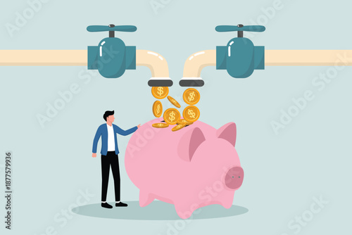 Multiple sources of passive income from investments in various assets, side business concepts to make money, wealthy entrepreneurs who have diverse cash flows from pipes to piggy banks.