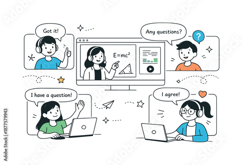 Virtual Classroom Harmony. Remote learning session. Students attending an online class with dialog bubbles and shared screens. Friendly engagement, clarity,