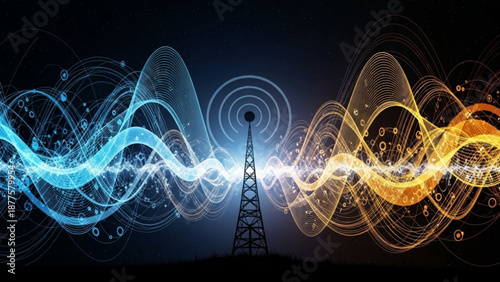Radio Tower Emitting Blue and Orange Sound Waves at Night