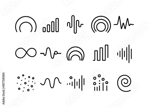 Abstract Sound Icons. Abstract shapes and colors representing sound. Line icon set of abstract shapes and colors representing sound: sonic wave arc,