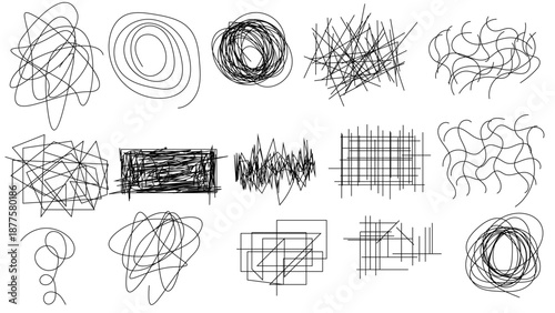 Random chaotic scribble lines collection pencil art set. Abstract random line scribble vector elements including various messy and random lines for design,	
