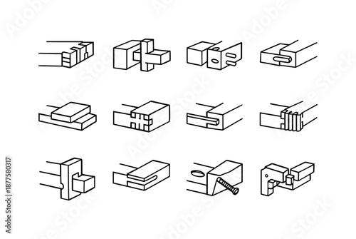 Joinery Techniques Icons. Joinery techniques. Line icon set of Joinery techniques: dovetail joint, mortise and tenon, dowel joint, biscuit joint, lap joint,