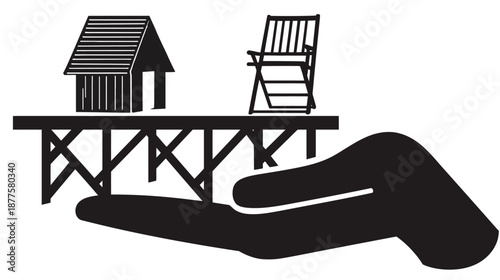 A black and white graphic illustration of a miniature hut and chair on a pier, cradled by a hand